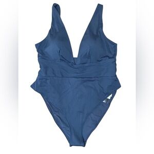 H&M Navy Blue One Piece High Leg Ribbed Swimsuit Size XL NWT